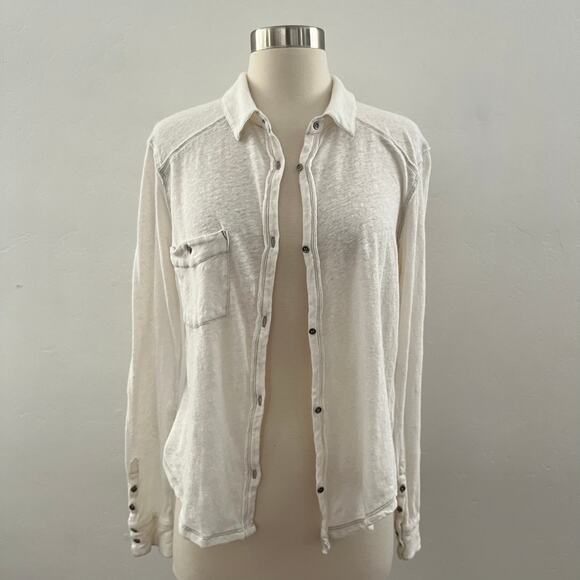 Free People We the Free Caroline Contrast Stitch Slub Shirt Linen Large White - Picture 8 of 11